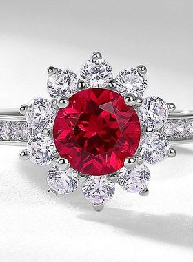 欧美新款太阳花培育红宝戒指女轻奢风S925纯银开口戒高级跨境热销