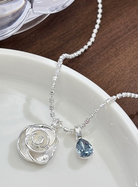 丽银韩系银白色项链新款丽贝丽影ins风蓝色水滴山茶花吊坠锁骨链