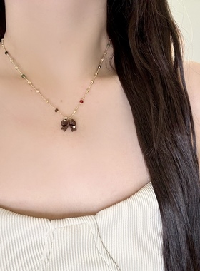 丽银韩系甜美红色满天星项链新款丽贝丽影复古百搭蝴蝶结锁骨链