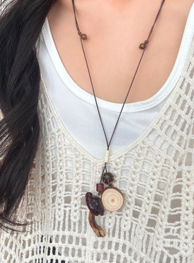 新中式蘑菇串珠吊坠项链女毛衣链