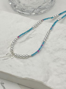 多巴胺彩色串珠项链女2024新款小众轻奢高级感蝴蝶结锁骨链潮颈链