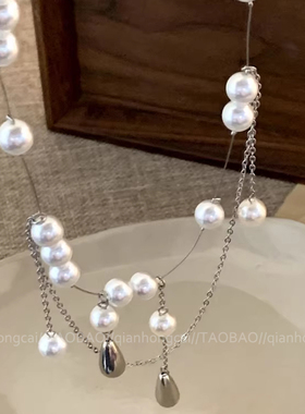 清冷千金感珍珠双层水滴锁骨链