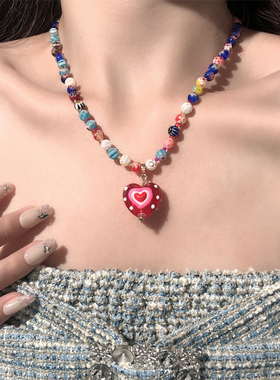 彩色多巴胺爱心串珠项链女甜酷辣妹风锁骨链气质时尚夏日颈链配饰
