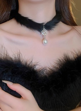 圣诞节锆石毛毛雪花珍珠项链