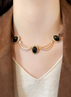 黑金椭圆几何撞色项链女秋冬配饰