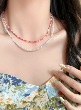 彩色串珠叠戴项链女夏天多巴胺甜酷气质少女锁骨链时尚颈链潮配饰