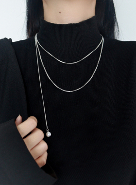 女超长金属链条珍珠毛衣链