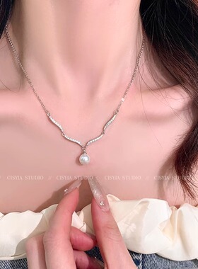波浪锆石珍珠项链女款锁骨链配饰