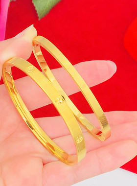 越南沙金手镯女简约铜镀金假黄金仿金米子花爱心拉丝手环螺纹同款