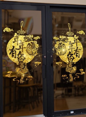 水井门金色黄色中国结墙贴画电井门走廊过道电梯井口门烫金自粘画