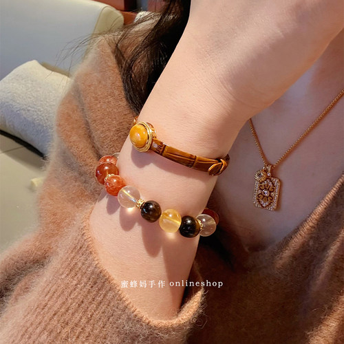 【限时三天上新价】蜜蜂妈手作 蜜蜡方糖椭圆牛皮表带手环手链女 - 图2