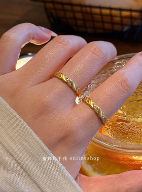 复古叠戴排钻麻花戒指女磨砂绞花