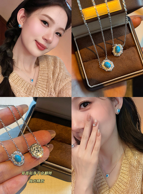 法式复古蛋面绿松石镶钻项链女