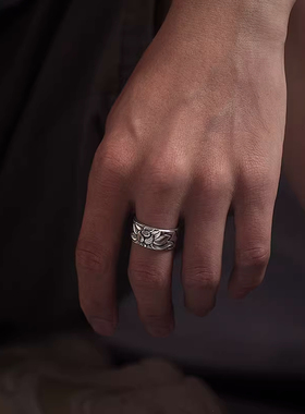 S999纯银男女莲花心经开口戒指