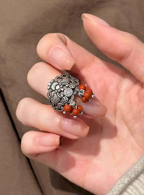 纯银天然南红玛瑙戒指2025爆款复古国风福气圆珠小众镂空食指环