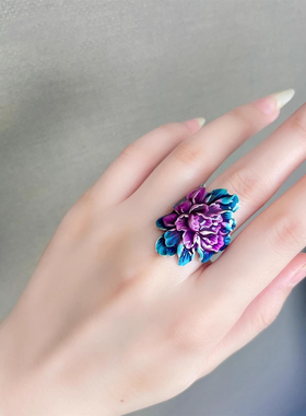 复古民族风珐琅烧蓝牡丹花戒指女
