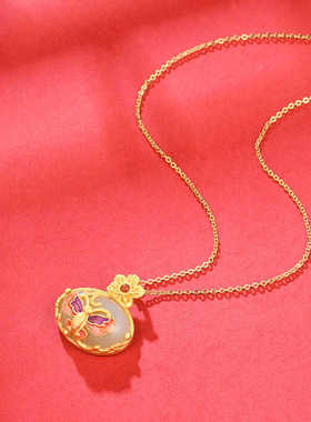 纯银镶和田玉吊坠女复古宫廷设计蝶恋花国潮小众气质项链