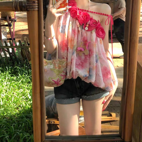 大码美式复古彩色花朵刺绣牛仔短裤女夏季低腰辣妹修身包臀热裤子 - 图1