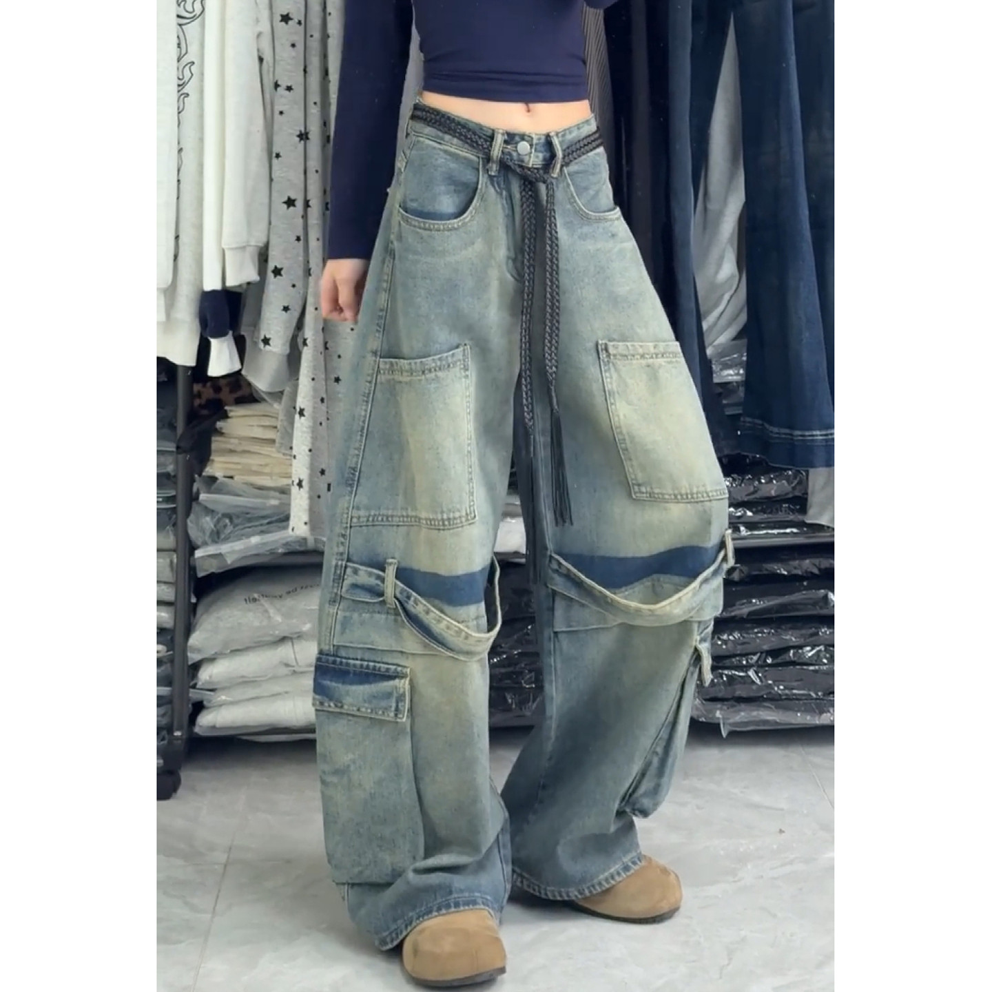 美式vibe大码复古做旧工装拼接弯刀牛仔裤男女街头宽松阔腿长裤潮,淘宝优惠券,粉丝福利购,淘宝优惠卷