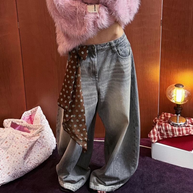 大码美式复古做旧泼墨阔腿牛仔裤男女设计感潮流宽松垂感弯刀长裤,淘宝优惠券,粉丝福利购,淘宝优惠卷