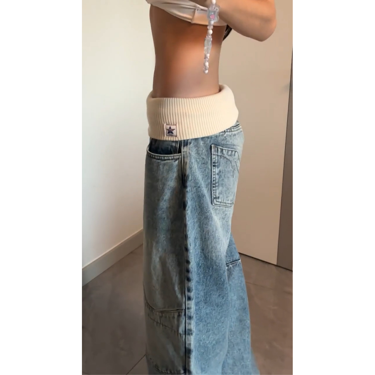 美式vibe大码复古设计感螺纹腰头牛仔裤女高街辣妹做旧水洗拖地裤,淘宝优惠券,粉丝福利购,淘宝优惠卷