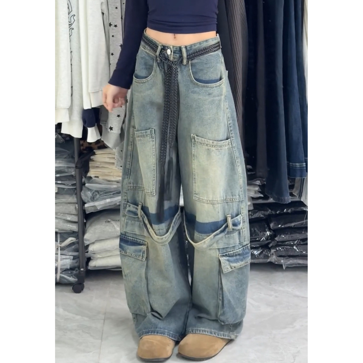 美式vibe大码复古做旧工装拼接弯刀牛仔裤男女街头宽松阔腿长裤潮,淘宝优惠券,粉丝福利购,淘宝优惠卷