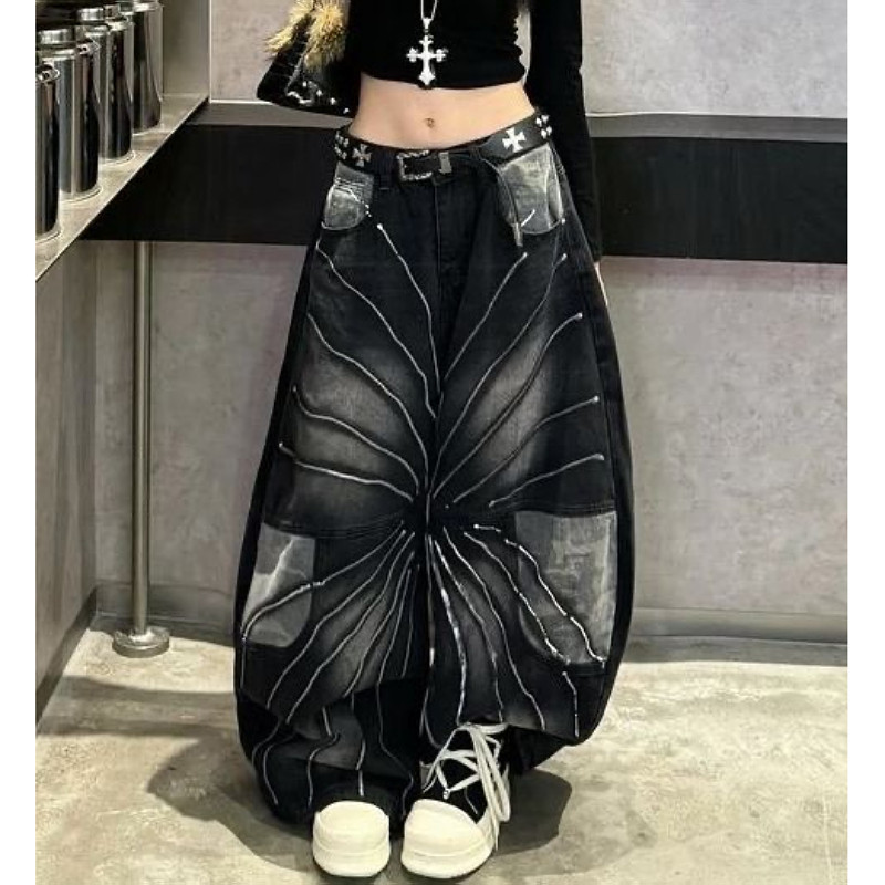 大码美式复古迷彩拼接弯刀牛仔裤男女街头设计感宽松百搭阔腿长裤,淘宝优惠券,粉丝福利购,淘宝优惠卷