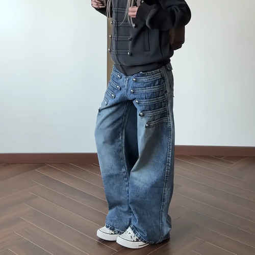 大码美式复古重工双排扣设计感牛仔裤女秋季新款街头个性弯刀裤潮 - 图1