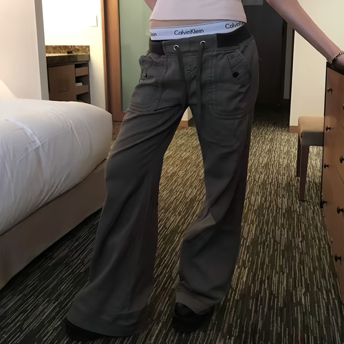 大码美式复古低腰工装微喇牛仔裤女夏季辣妹设计感绑带直筒休闲裤 - 图1