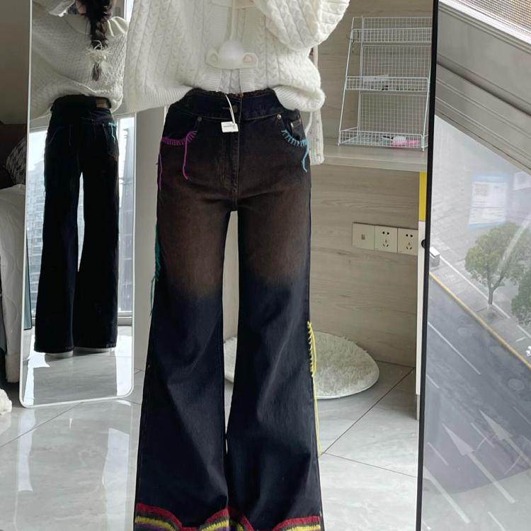 大码美式复古彩线流苏蝴蝶结牛仔裤女2025设计感宽松直筒阔腿长裤,淘宝优惠券,粉丝福利购,淘宝优惠卷