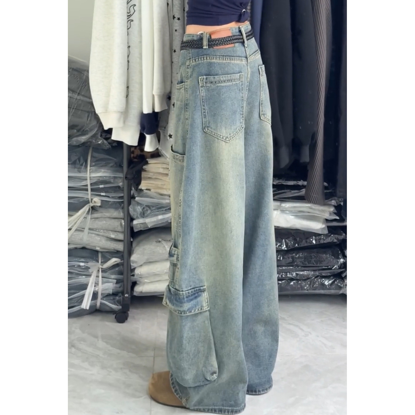 美式vibe大码复古做旧工装拼接弯刀牛仔裤男女街头宽松阔腿长裤潮,淘宝优惠券,粉丝福利购,淘宝优惠卷