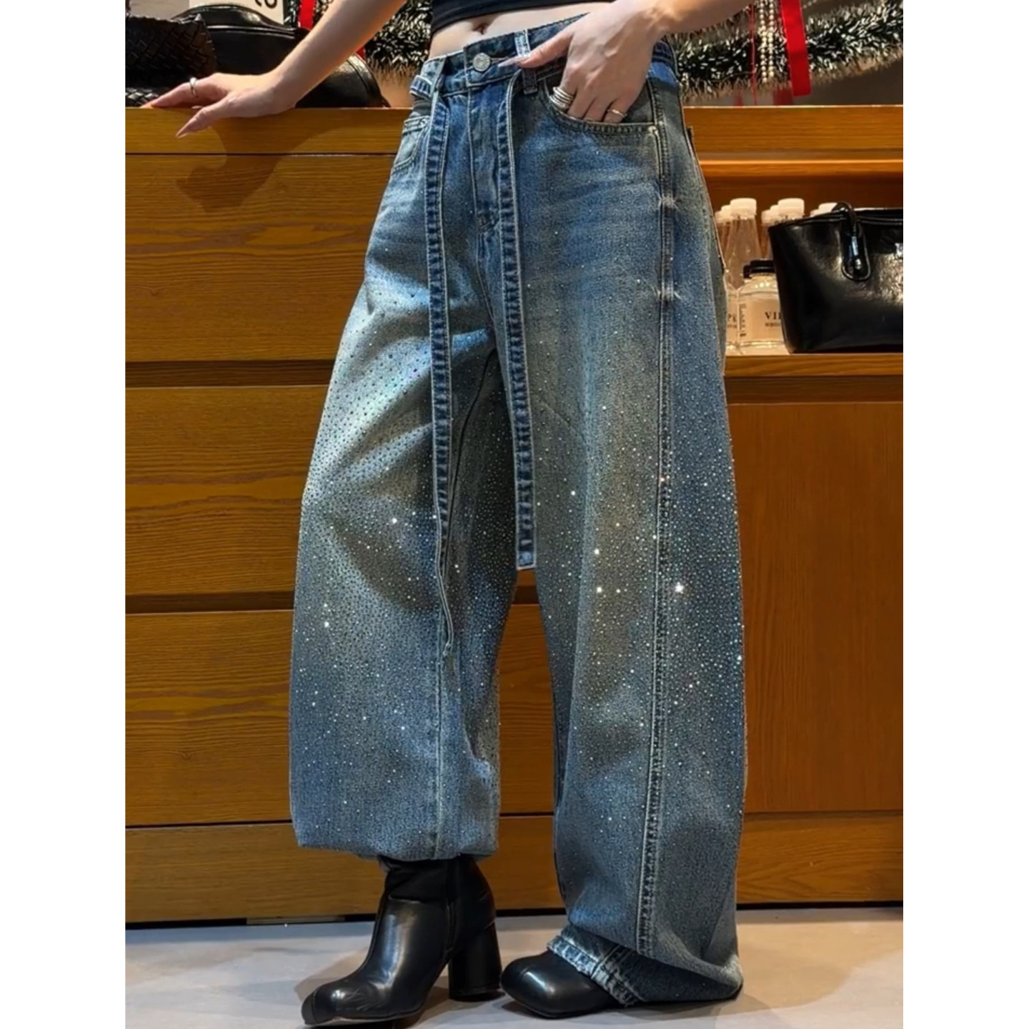 美式大码复古满天星烫钻阔腿牛仔裤女2026春季新款宽松直筒拖地裤,淘宝优惠券,粉丝福利购,淘宝优惠卷