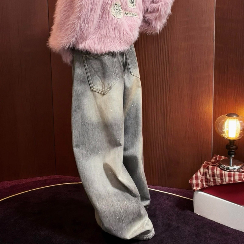 大码美式复古做旧泼墨阔腿牛仔裤男女设计感潮流宽松垂感弯刀长裤,淘宝优惠券,粉丝福利购,淘宝优惠卷