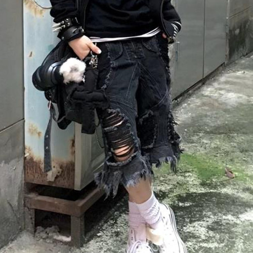 大码美式vibe设计感破洞牛仔七分裤男女街头风重工解构宽松短裤潮 - 图2