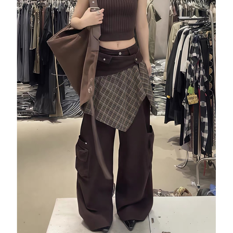 大码美式复古屁帘拼接工装牛仔裤女2025秋季宽松显瘦多口袋拖地裤 - 图2