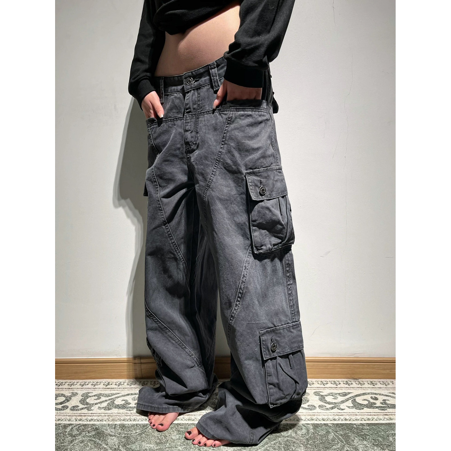 大码美式工装风多口袋宽松直筒裤灰色高腰宽松显瘦解构休闲拖地裤,淘宝优惠券,粉丝福利购,淘宝优惠卷
