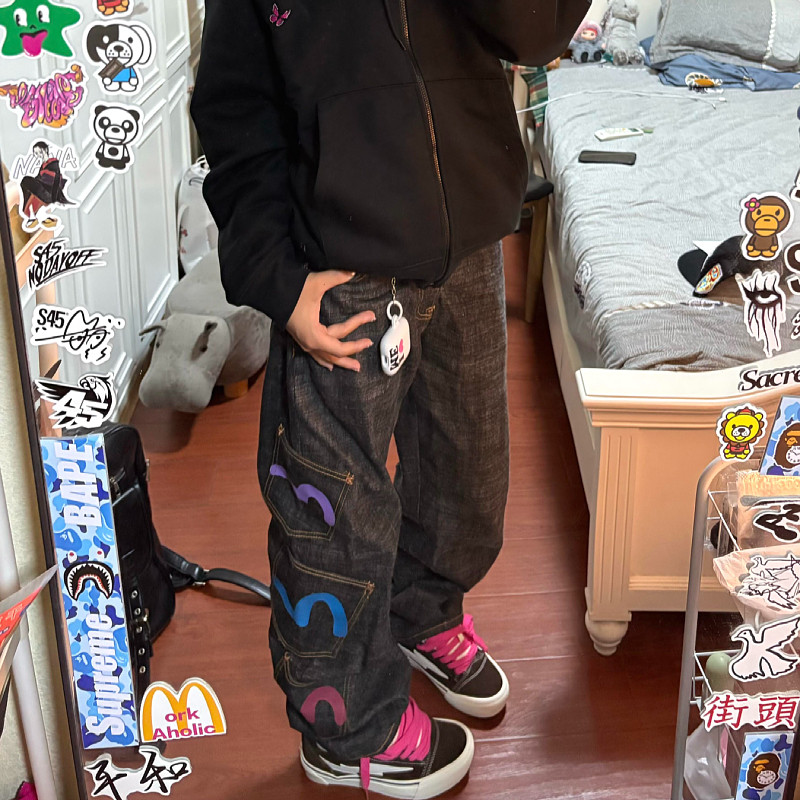 大码美式复古重工多口袋印花牛仔裤男女高街设计感宽松直筒长裤潮,淘宝优惠券,粉丝福利购,淘宝优惠卷