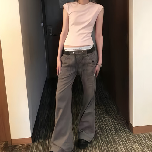 大码美式复古低腰工装微喇牛仔裤女夏季辣妹设计感绑带直筒休闲裤 - 图0