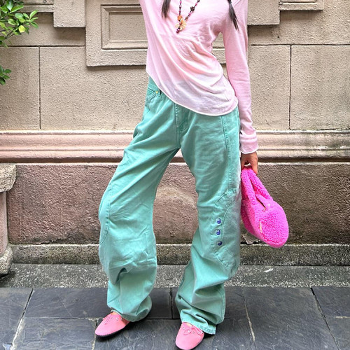大码美式高街设计感太极刺绣解构牛仔裤女秋季宽松百搭弯刀阔腿裤 - 图2