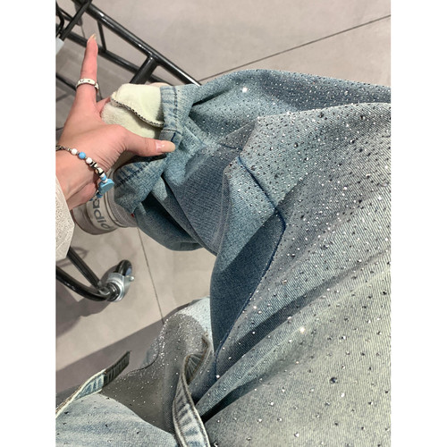 大码美式复古加绒满天星烫钻牛仔裤女秋冬新款高腰保暖阔腿拖地裤 - 图3