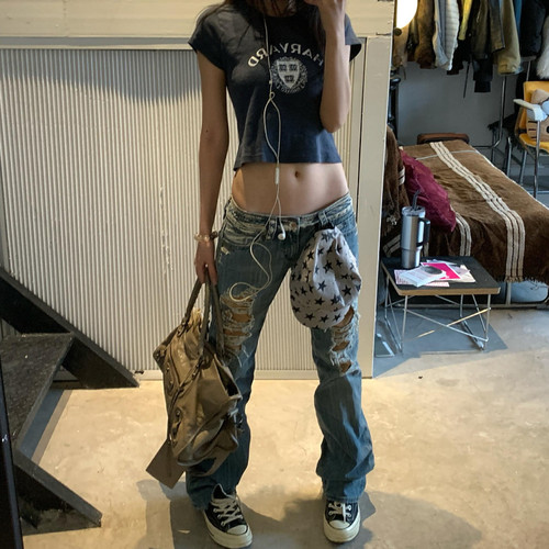 美式vibe大码水洗做旧破洞牛仔裤女夏季新款低腰辣妹直筒坠感长裤 - 图0