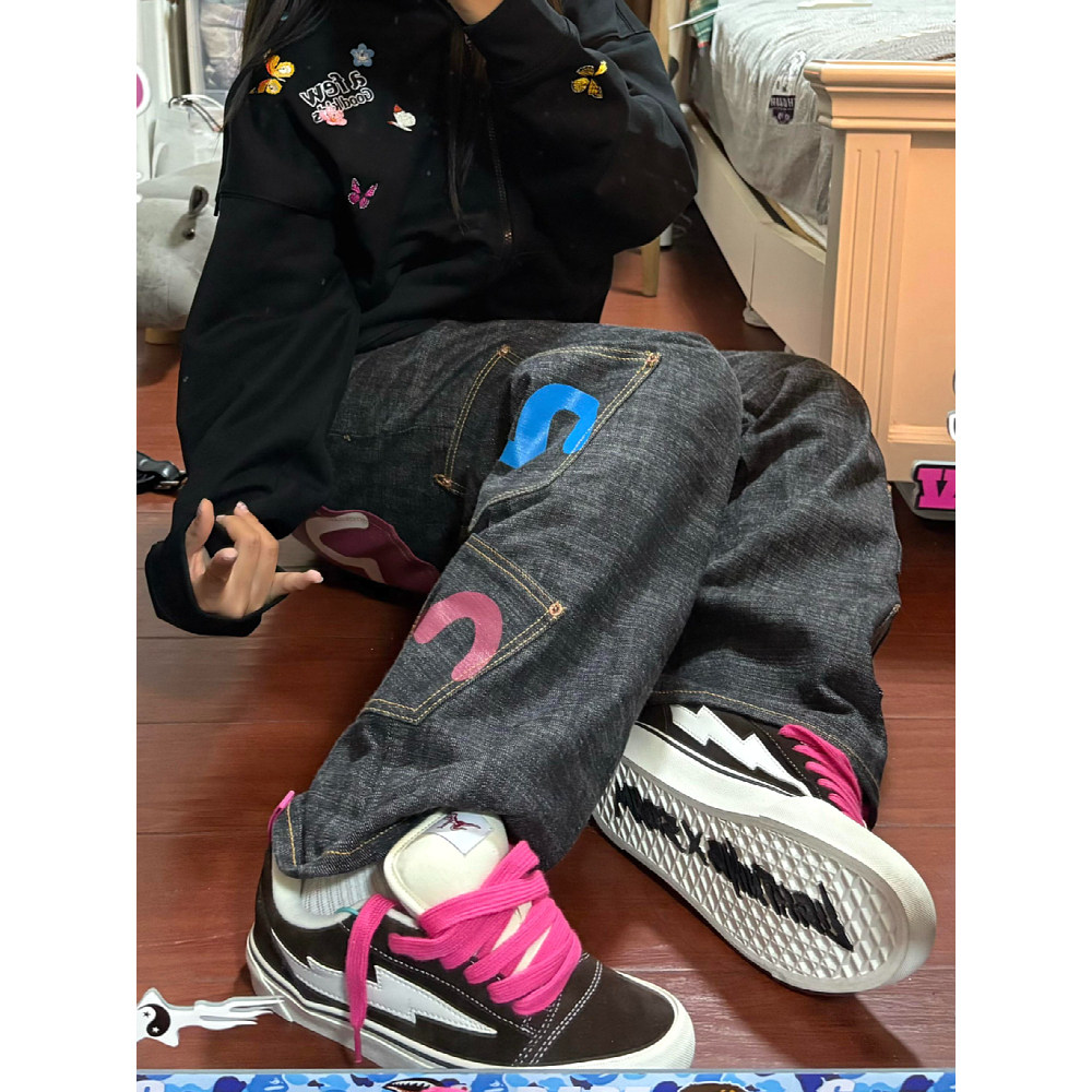 大码美式复古重工多口袋印花牛仔裤男女高街设计感宽松直筒长裤潮,淘宝优惠券,粉丝福利购,淘宝优惠卷