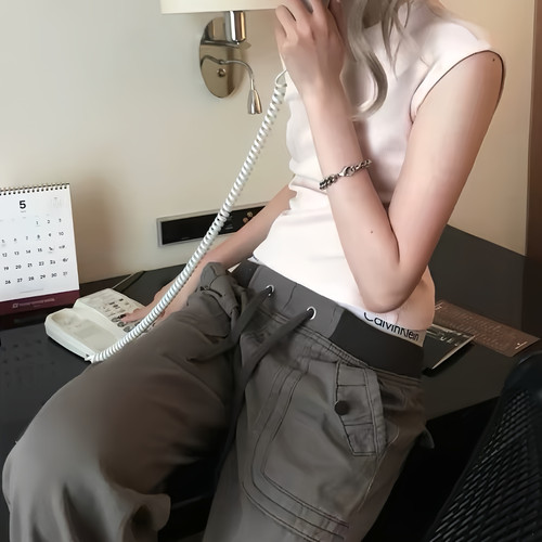 大码美式复古低腰工装微喇牛仔裤女夏季辣妹设计感绑带直筒休闲裤 - 图3