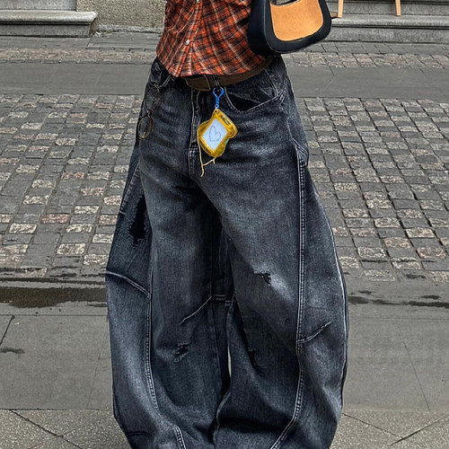 大码美式复古做旧廓形破洞牛仔裤男女街头解构宽松阔腿弯刀长裤潮 - 图0