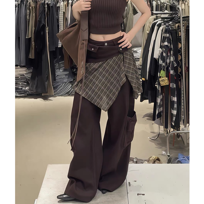 大码美式复古屁帘拼接工装牛仔裤女2025秋季宽松显瘦多口袋拖地裤 - 图0