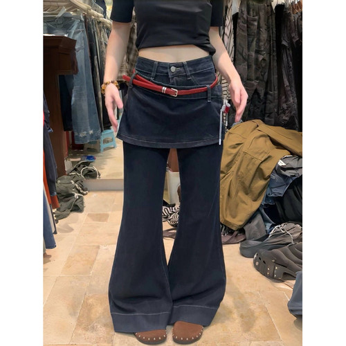 大码美式复古水洗假两件屁帘牛仔裤女街头修身显瘦阔腿微喇长裤潮 - 图0