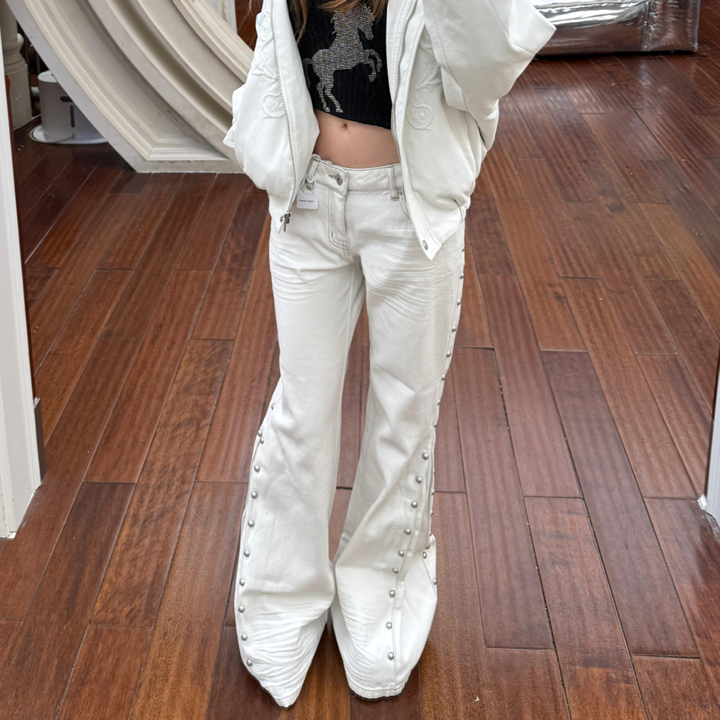 美式大码复古立体猫须铆钉牛仔裤女街头辣妹低腰开衩休闲喇叭长裤,淘宝优惠券,粉丝福利购,淘宝优惠卷