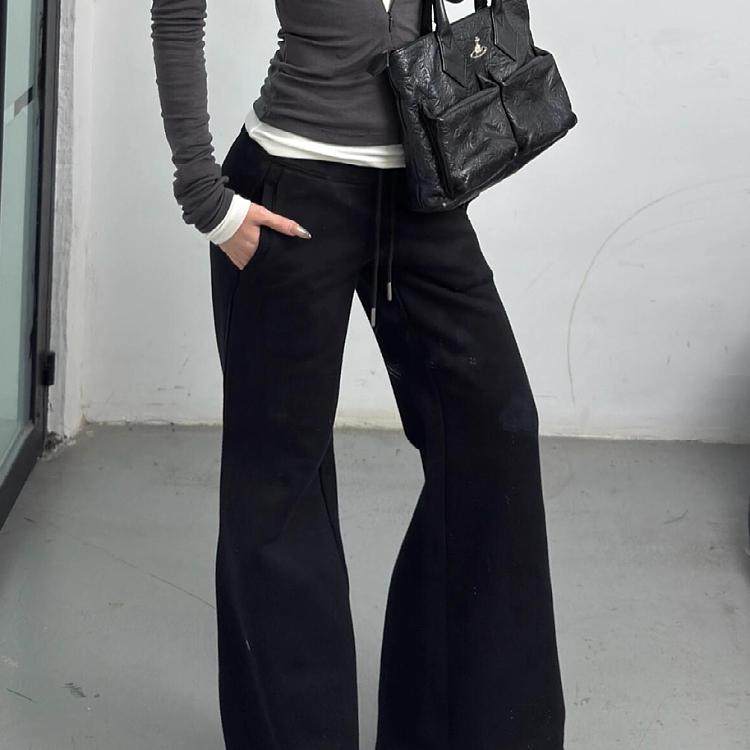 大码美式复古黑色微喇休闲卫裤女2024秋冬新款宽松阔腿垂感长裤子,淘宝优惠券,粉丝福利购,淘宝优惠卷