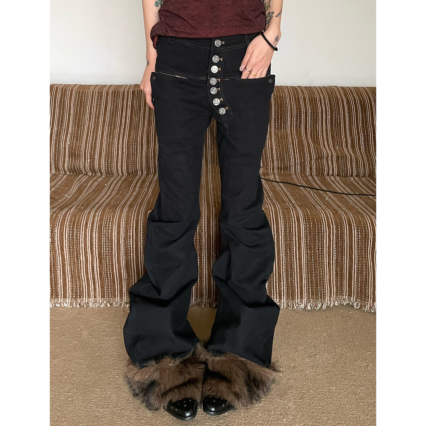 大码美式街头水洗做旧排扣毛毛堆堆弯刀微喇裤女显瘦朋克牛仔长裤,淘宝优惠券,粉丝福利购,淘宝优惠卷