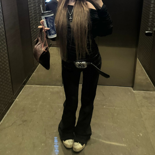 大码美式辣妹风铆钉拼接口袋微喇牛仔裤女2026新款低腰显瘦直筒裤 - 图3
